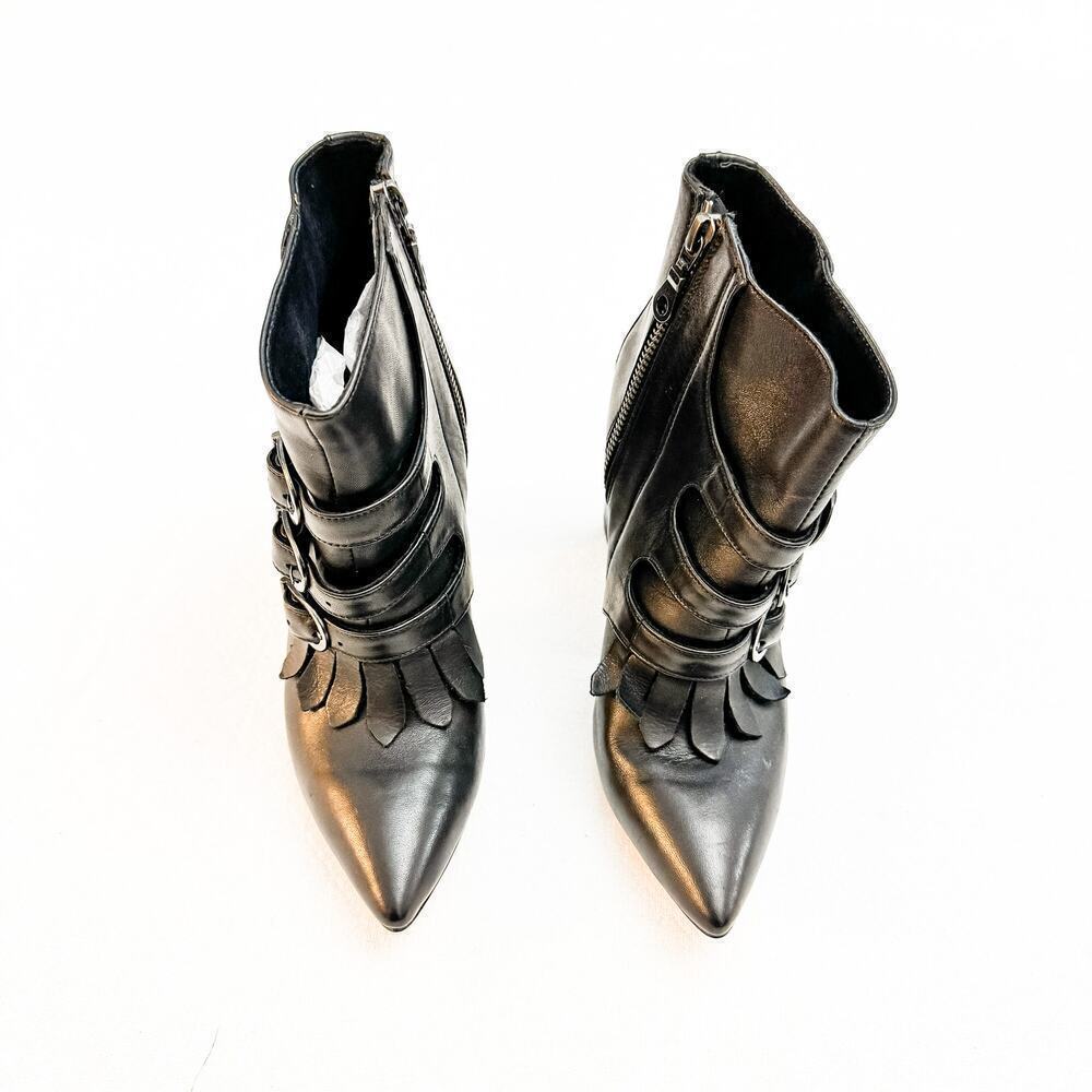 Black Leather Pointy Toe Buckle Accent Bootie Size 36 Italy